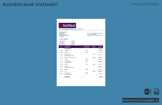 Beispiel eines Kontoauszugs der NatWest-Firmenkontoauszüge (Word und PDF) für Großbritannien